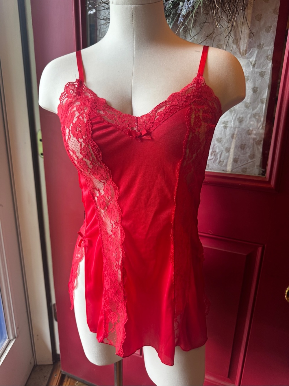 Red Lace Trim Satin Chemise - Women Intimates